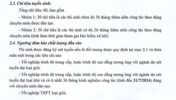 Nội dung kê khai về chỉ tiêu tuyển sinh với đối tượng tốt nghiệp từ trung cấp trở lên của trường. (Ảnh chụp màn hình) ẢNH9.JPG