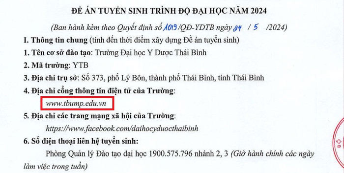Đường link địa chỉ cổng thông tin điện tử Trường Đại học Y Dược Thái Bình kê khai. (Ảnh chụp màn hình) ẢNH1.jpg