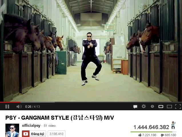 1,4 tỷ lượt người xem ca khúc Gangnam Style trên Youtube tính đến 19/3/2013. 1,4 tỷ lượt người xem ca khúc Gangnam Style trên Youtube tính đến 19/3/2013.