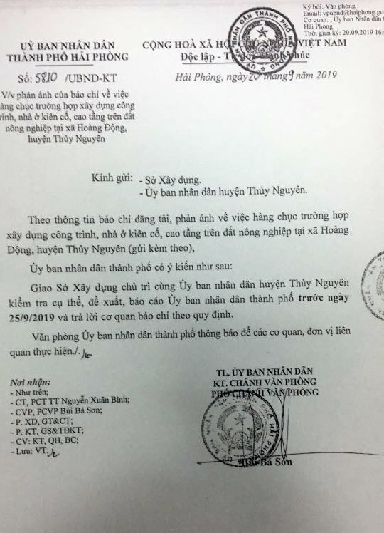 Công văn của Ủy ban nhân dân thành phố Hải Phòng chỉ đạo Sở Xây dựng, Ủy ban nhân dân huyện Thủy Nguyên kiểm tra cụ thể việc xây dựng trên đất nông nghiệp tại xã Hoàng Động (Ảnh: Lã Tiến)