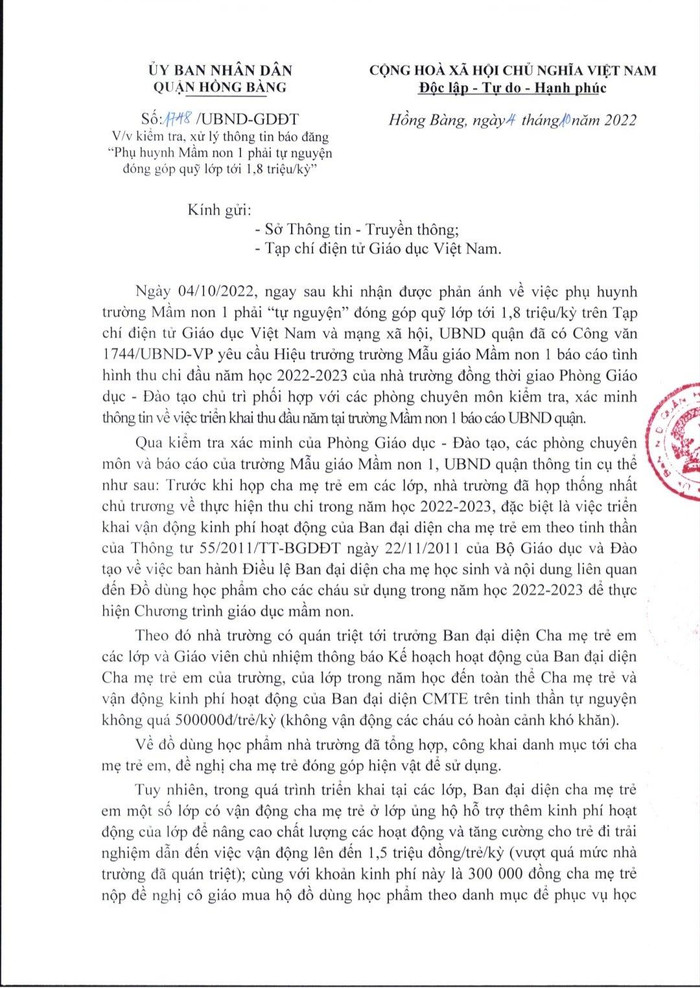 Văn bản chỉ đạo của Uỷ ban nhân dân quận Hồng Bàng về vụ thu quỹ lớp lên tới 1,8 triệu đồng/kỳ/học sinh (Ảnh: Lã Tiến)