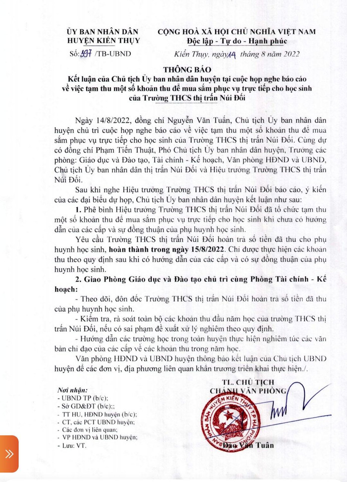 Thông báo Kết luận của Chủ tịch Ủy ban nhân dân huyện Kiến Thụy về các khoản thu đầu năm tại Trường Trung học cơ sở thị trấn Núi Đối (Ảnh: Diệu Anh) Thông báo Kết luận của Chủ tịch Ủy ban nhân dân huyện Kiến Thụy về các khoản thu đầu năm tại Trường Trung học cơ sở thị trấn Núi Đối (Ảnh: Diệu Anh)