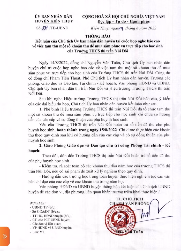 Thông báo Kết luận của Chủ tịch Ủy ban nhân dân huyện Kiến Thụy về các khoản thu đầu năm tại Trường Trung học cơ sở thị trấn Núi Đối (Ảnh: Diệu Anh)