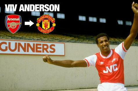 Viv Anderson (từ Arsenal tới M.U): Arsenal đã phải mất 250.000 bảng để chiêu mộ Anderson từ Nottingham Forrest vào năm 1984. Trong thời gian chơi cho Arsenal, hậu vệ phải này đã ghi được 9 bàn trong 120 lần ra sân. Song Anderson còn được biết đến là bản hợp đồng đầu tiên của Sir Alex trên cương vị HLV M.U. Anh đã chơi 54 trận và ghi được 3 bàn cho “Quỷ đỏ”. Viv Anderson (từ Arsenal tới M.U): Arsenal đã phải mất 250.000 bảng để chiêu mộ Anderson từ Nottingham Forrest vào năm 1984. Trong thời gian chơi cho Arsenal, hậu vệ phải này đã ghi được 9 bàn trong 120 lần ra sân. Song Anderson còn được biết đến là bản hợp đồng đầu tiên của Sir Alex trên cương vị HLV M.U. Anh đã chơi 54 trận và ghi được 3 bàn cho “Quỷ đỏ”.