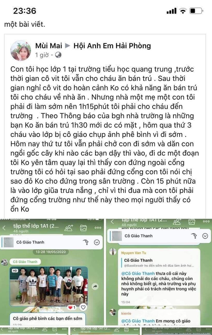 Phụ huynh bức xúc vì con đến trường sớm không được vào lớp và bị cô giáo chủ nhiệm phê bình đã chia sẻ trên mạng xã hội (Ảnh chụp màn hình) Phụ huynh bức xúc vì con đến trường sớm không được vào lớp và bị cô giáo chủ nhiệm phê bình đã chia sẻ trên mạng xã hội (Ảnh chụp màn hình)