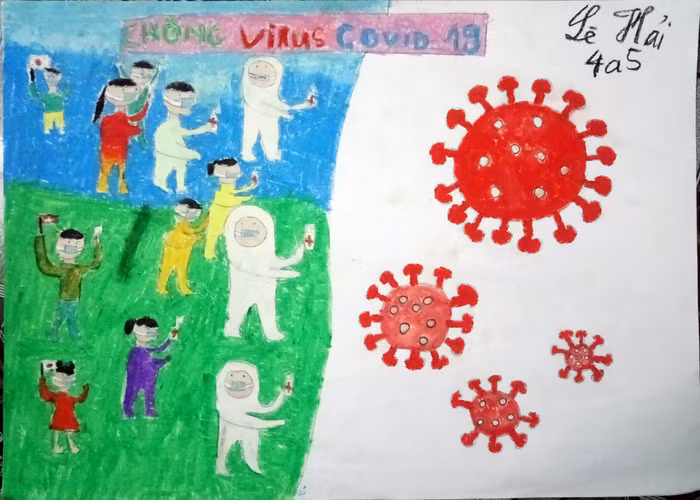 Tranh "Cùng đẩy lùi dịch bệnh" của em Lê Hải, lớp 4A5 (Ảnh: Nhà trường cung cấp)