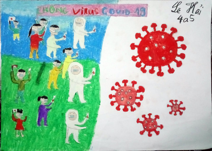 Tranh "Cùng đẩy lùi dịch bệnh" của em Lê Hải, lớp 4A5 (Ảnh: Nhà trường cung cấp) Tranh "Cùng đẩy lùi dịch bệnh" của em Lê Hải, lớp 4A5 (Ảnh: Nhà trường cung cấp)
