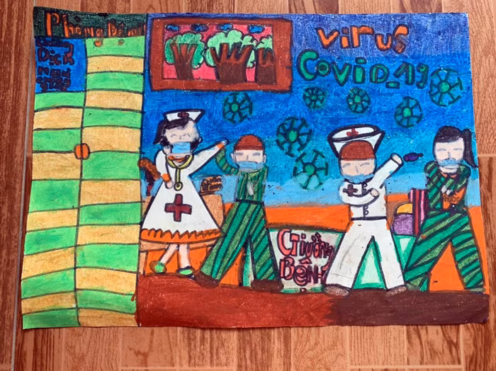 Tranh "Phòng dịch Covid-19" của em Hà Linh, lớp 3A5 (Ảnh: Nhà trường cung cấp)