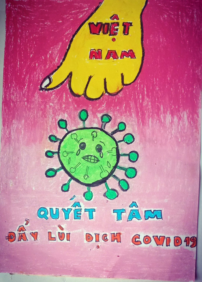 Tranh "Việt Nam quyết tâm đẩy lùi dịch Covid-19" của em Nguyễn Vũ Ngọc Diệp, học sinh lớp 3A5 (Ảnh: nhà trường cung cấp) Tranh "Việt Nam quyết tâm đẩy lùi dịch Covid-19" của em Nguyễn Vũ Ngọc Diệp, học sinh lớp 3A5 (Ảnh: nhà trường cung cấp)