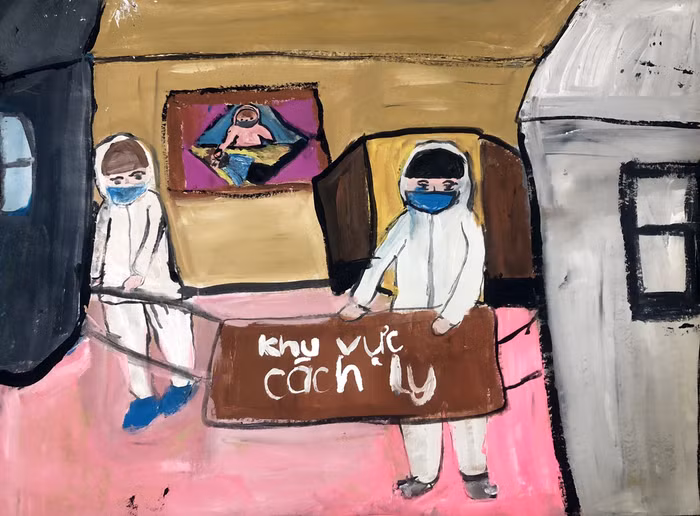 Tranh "Đi qua vùng dịch hãy có ý thức cách ly" của em Đàm Dương An Khánh, lớp 5A5 (Ảnh: Nhà trường cung cấp)