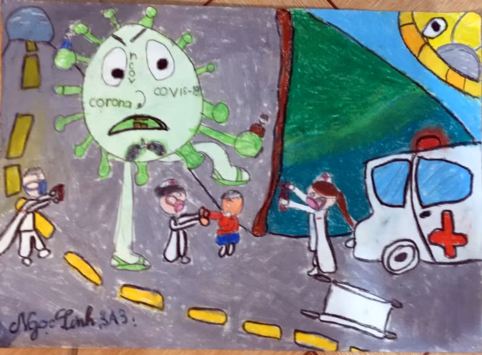 Tranh "Hãy cách ly ngay khi nghi ngờ mình nhiễm Covid-19" của em Ngọc Linh, lớp 3A3 (Ảnh: Nhà trường cung cấp)