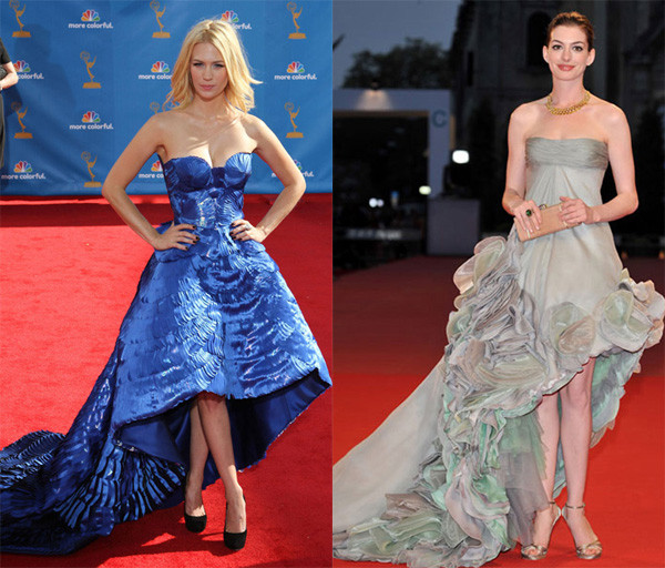 Anne Hathaway xinh đẹp và yêu kiều như một nàng công chúa với váy mullet tết hoa, trong khi người đồng nghiệp của cô thể hiện nét quyến rũ, kiêu kỳ trong bộ đầm mullet xanh. (Ảnh: ngoisao) Xem thêm: Bộ sưu tập váy xinh chào hè 2012/ Thời trang sao Việt/ Thời trang sao Hàn,