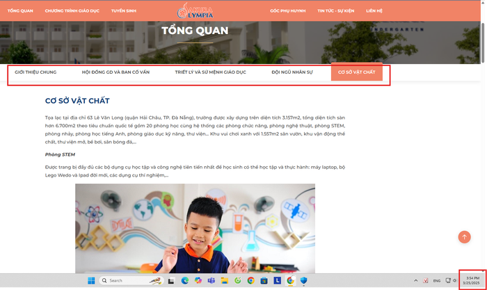 Mục "Tổng quan" trên website Trường Tiểu học, Trung học Cơ sở và Trung học Phổ thông Olympia (Đà Nẵng) chưa có phần "Công khai giáo dục". Ảnh: chụp màn hình vào ngày 25/3/2025. Screenshot 2025-03-25 155451.png