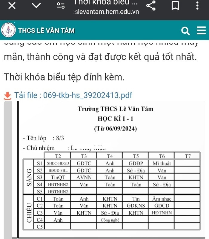 Thời khóa biểu một lớp tại Trường trung học cơ sở Lê Văn Tám. Ảnh: PHCC Ảnh 1.jpg