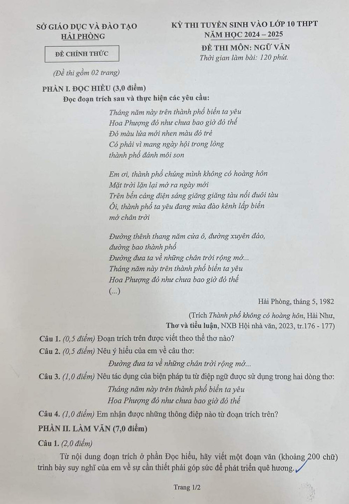 Đề thi môn Ngữ văn trong kỳ thi tuyển sinh vào lớp 10 tại Hải Phòng (Ảnh: LT) GDVN_de-thi-Van-1.jpg