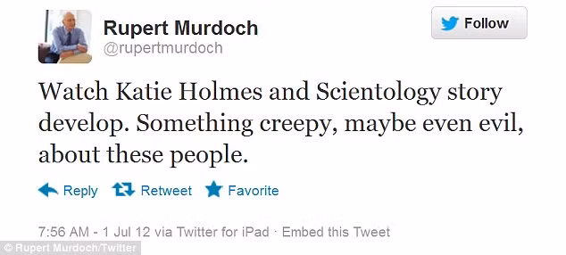 Những lời chỉ trích của ông trùm truyền thông trên Twitter khi cho rằng "giáo phái Scientology thật đáng sợ, thậm chí là quái quỷ". Ảnh. Daily Mail. Những lời chỉ trích của ông trùm truyền thông trên Twitter khi cho rằng "giáo phái Scientology thật đáng sợ, thậm chí là quái quỷ". Ảnh. Daily Mail.