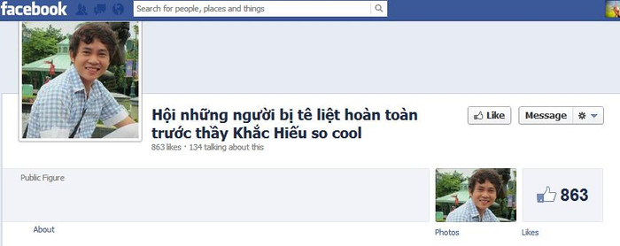 Tình yêu của các cư dân mạng dành cho thầy Hiếu đang ngày một lan rộng khi đã có fanpage với tên gọi "Hội những người bị tê liệt hoàn toàn trước thầy Khắc Hiếu so cool" đang thu hút gần 1.000 lượt người like và ủng hộ. Tình yêu của các cư dân mạng dành cho thầy Hiếu đang ngày một lan rộng khi đã có fanpage với tên gọi "Hội những người bị tê liệt hoàn toàn trước thầy Khắc Hiếu so cool" đang thu hút gần 1.000 lượt người like và ủng hộ.