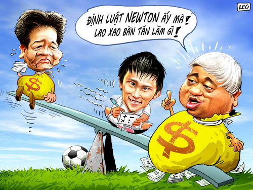 Bầu Hiển, bầu Kiên, Công Vinh và vụ bẻ kèo lịch sử. Biếm họa của họa sỹ Leo.