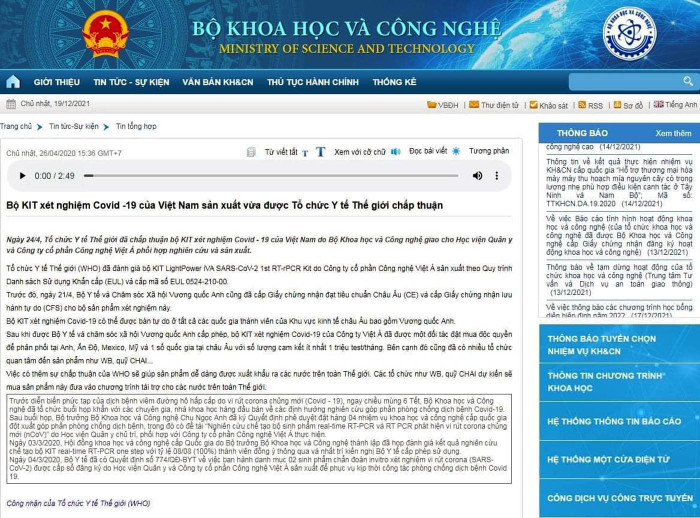Trang thông tin Bộ Khoa học và Công nghệ (hiện đã gỡ thông tin khỏi trang web của Bộ), WHO đã chấp thuận và Anh đặt mua độc quyền; Khoảng 20 nước đặt mua và nhiều tổ chức quốc tế quan tâm. Ảnh chụp màn hình. Trang thông tin Bộ Khoa học và Công nghệ (hiện đã gỡ thông tin khỏi trang web của Bộ), WHO đã chấp thuận và Anh đặt mua độc quyền; Khoảng 20 nước đặt mua và nhiều tổ chức quốc tế quan tâm. Ảnh chụp màn hình.