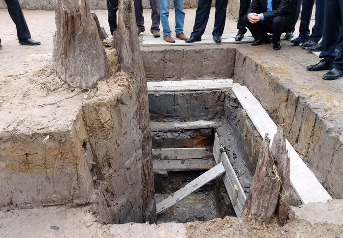 Các cọc gỗ cổ được chôn/đóng xuống qua lớp bùn đen lẫn cát hoặc tới lớp trầm tích. (Ảnh: Lã Tiến)