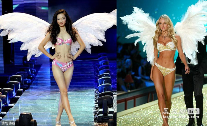 Trang phục của người mẫu Trung Quốc bên cạnh Candice Swanepoel tại Victoria Secret 2011.