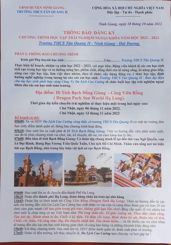 Chương trình học tập trải nghiệm của Trường Trung học cơ sở Tân Quang II (Ảnh: Phụ huynh cung cấp)