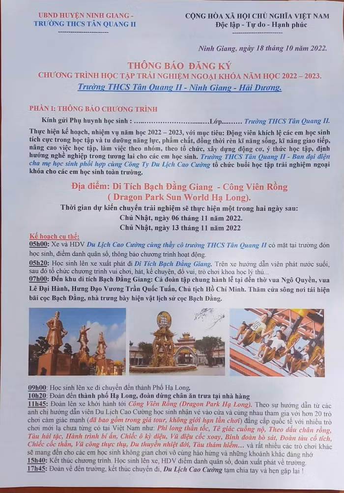 Chương trình học tập trải nghiệm của Trường Trung học cơ sở Tân Quang II (Ảnh: Phụ huynh cung cấp) Chương trình học tập trải nghiệm của Trường Trung học cơ sở Tân Quang II (Ảnh: Phụ huynh cung cấp)