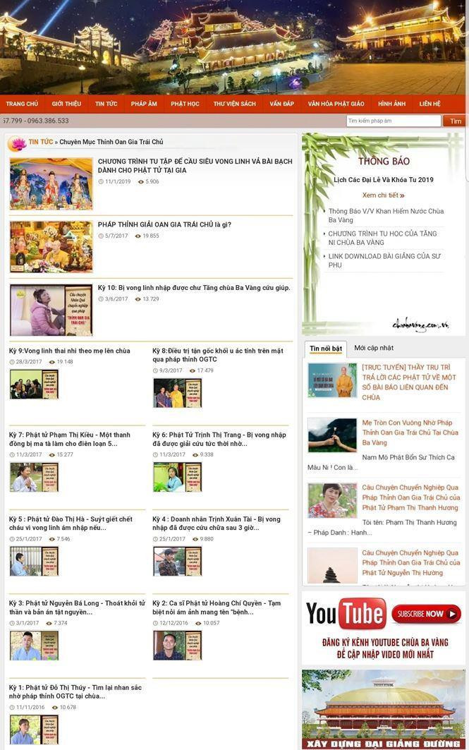 Những bài và clip truyền bá về vong trên trang web của chùa Ba vàng. Ảnh: Chụp lại màn hình.