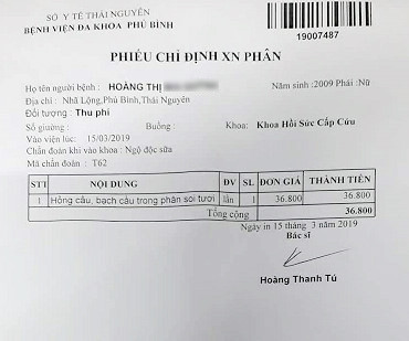 Phiếu xét nghiệm được bác sĩ chuẩn đoán ngộ độc sữa tại Bệnh viện Đa Khoa Phú Bình. Theo phiếu kết quả xét nghiệm phân của các cháu bị ngộ độc ngày 15/3/2019 tại Bệnh viện Đa khoa Phú Bình cho thấy nguyên nhân là do ngộ độc sữa?