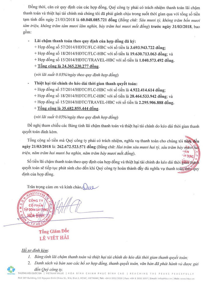 Công văn của Tập đoàn Hòa Bình gửi Tập đoàn FLC với nội dung yêu cầu thanh toán hơn 262 tỷ đồng. Ảnh: Tùng Dương. Công văn của Tập đoàn Hòa Bình gửi Tập đoàn FLC với nội dung yêu cầu thanh toán hơn 262 tỷ đồng. Ảnh: Tùng Dương.