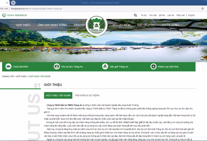 Ảnh chụp trang Web của Công ty trách nhiệm hữu hạn Đầu tư thương mại dịch vụ Tràng An.