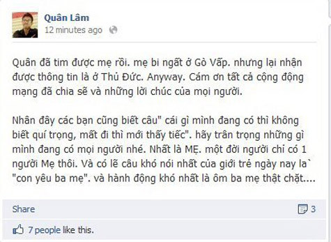 Quân Lâm vui mừng thông báo đã tìm thấy mẹ mình. Quân Lâm vui mừng thông báo đã tìm thấy mẹ mình.