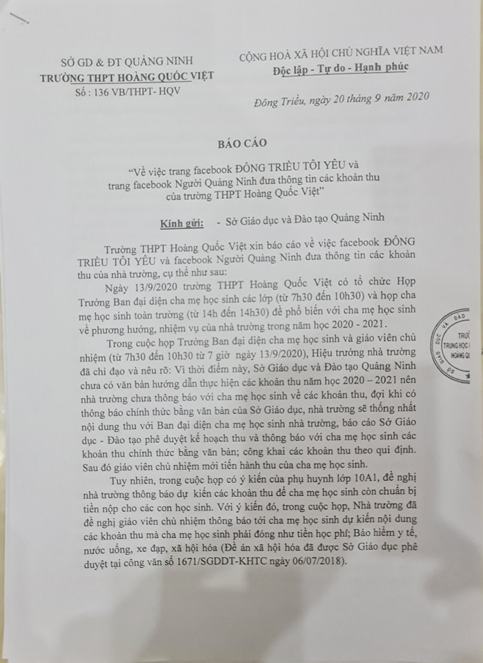 Văn bản của Trường Trung học phổ thông Hoàng Quốc Việt gửi công an (Ảnh: Lã Tiến)