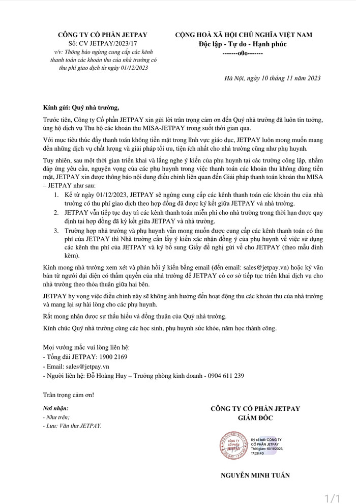 Thông báo ngừng thu phí từ tháng 12/2023 của Công ty Cổ phần JETPAY (Ảnh: LT) Thông báo ngừng thu phí từ tháng 12/2023 của Công ty Cổ phần JETPAY (Ảnh: LT)