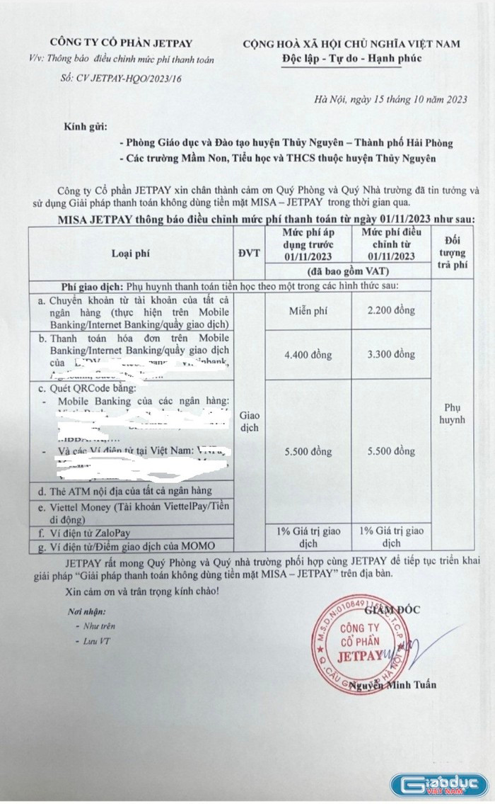 Thông báo thu phí của Công ty Cổ phần JETPAY (Ảnh: LT) Thông báo thu phí của Công ty Cổ phần JETPAY (Ảnh: LT)