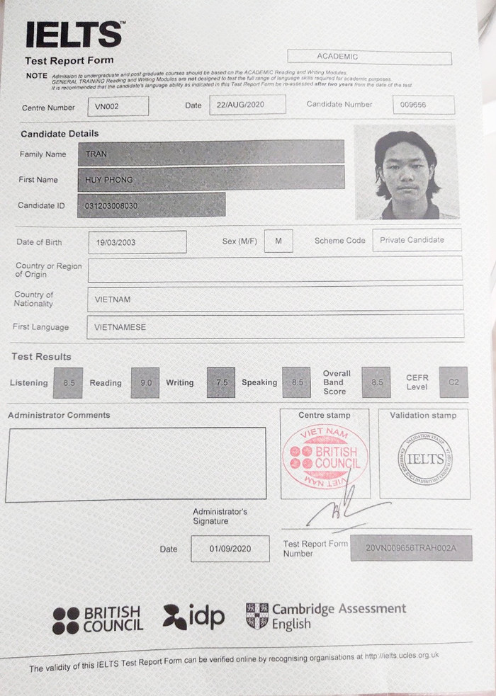 Điểm thi IELTS của nam sinh Trần Huy Phong (Ảnh: nhân vật cung cấp) Điểm thi IELTS của nam sinh Trần Huy Phong (Ảnh: nhân vật cung cấp)