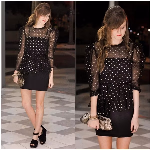 Lớp áo voan mỏng chấm bi phủ ngoài chiếc đầm đen đơn giản, chi tiết chít eo, tạo độ phồng tạo dáng váy peplum giúp cho trang phục thêm phần thú vị, và ngọt ngào. Xem thêm: Bộ sưu tập váy xinh dành cho bạn gái hè 2012.