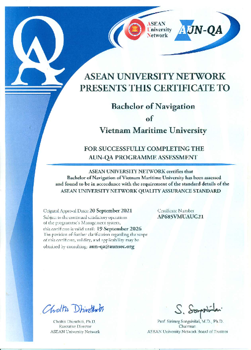 Trường Đại học Hàng hải Việt Nam đã chính thức được AUN thông báo và cấp chứng nhận đảm bảo chất lượng theo tiêu chuẩn AUN-QA cho 4 chương trình đào tạo (Ảnh: NTCC) Trường Đại học Hàng hải Việt Nam đã chính thức được AUN thông báo và cấp chứng nhận đảm bảo chất lượng theo tiêu chuẩn AUN-QA cho 4 chương trình đào tạo (Ảnh: NTCC)