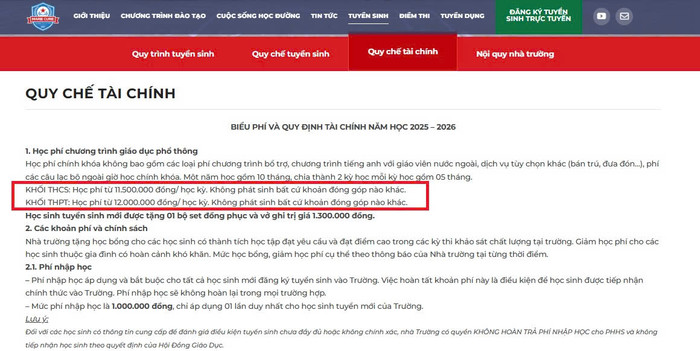 Học phí năm học 2025-2026 của trường dao động từ 11.500.000 - 12.000.000 đồng/ học kỳ tùy khối lớp. (Ảnh chụp màn hình) merie-curie-3.jpg