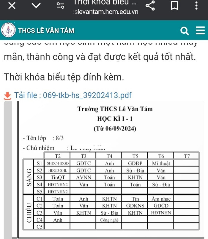Thời khóa biểu đầu năm học lớp 8/3 của Trường trung học cơ sở Lê Văn Tám, quận Bình Thạnh, Thành phố Hồ Chí Minh được phụ huynh cung cấp. Đối tác giảng dạy kỹ năng sống của trường này theo Hiệu trưởng Nguyễn Anh Tuấn là Công ty GAIA. Ảnh 1.jpg