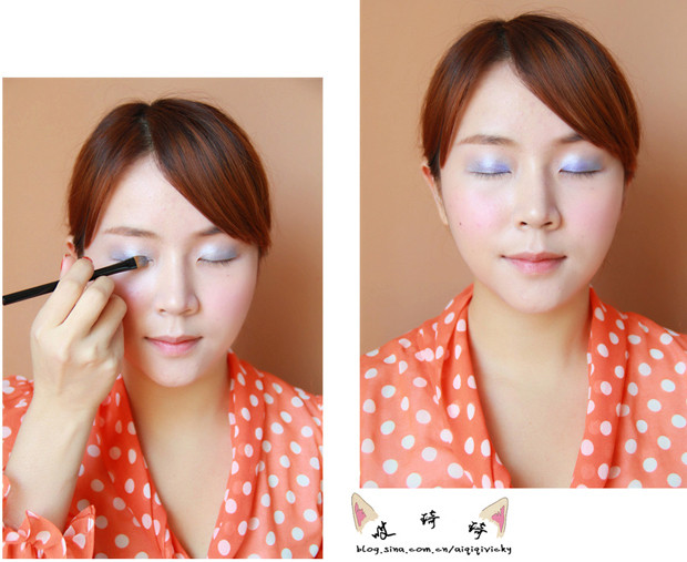 Đánh lớp kem nền cho mí mắt trước, sau đó đánh lớp nhũ mắt xanh lơ nhẹ nhàng, tán rộng. (Ảnh: hb) Xem thêm: Lên đời nhờ trang điểm / Bộ sưu tập váy xinh chào hè 2012.