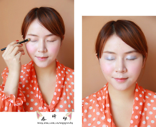 Bước 5: Một đôi mắt đẹp, long lanh chắc chắn sẽ khiến không ít chàng phải ngẩn ngơ. Vì vậy, việc điểm tô đôi mắt chiếm vị trí quan trọng trong nghệ thuật trang điểm. Bạn nên chọn màu mắt xanh mơ màng, tạo ấn tượng dịu dàng, trang nhã. (Ảnh: hb) Xem thêm: Lên đời nhờ trang điểm / Bộ sưu tập váy xinh chào hè 2012.