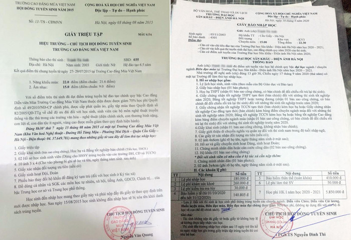 Giấy triệu tập và giấy báo nhập học của Học viện Múa Việt Nam. Ảnh: Tùng Dương. Giấy triệu tập và giấy báo nhập học của Học viện Múa Việt Nam. Ảnh: Tùng Dương.