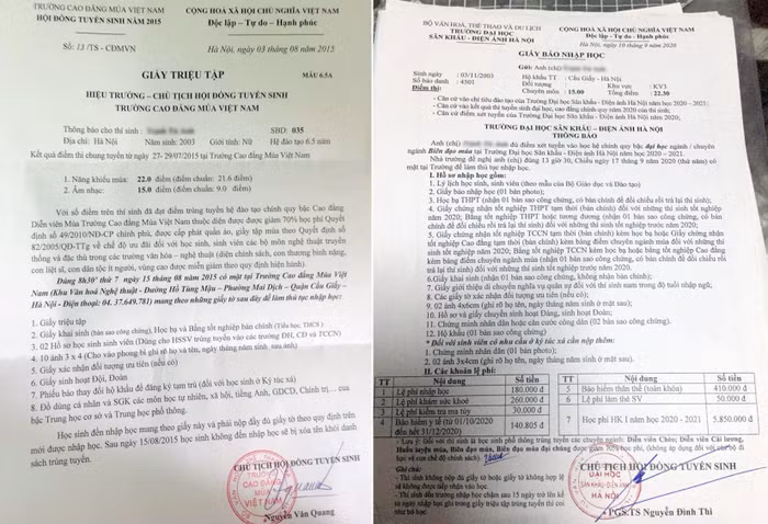 Giấy triệu tập và giấy báo nhập học của Học viện Múa Việt Nam. Ảnh: Tùng Dương.