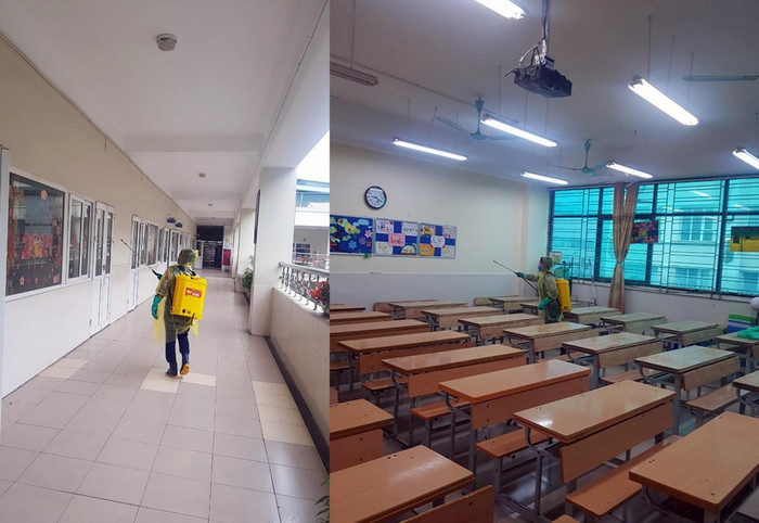 Tại Trường Tiểu học Dịch Vọng A (Cầu Giấy, Hà Nội), công tác phun khử khuẩn các phòng học và khuôn viên nhà trường được hoàn thành trước ngày 2/3. Ảnh: Nhà trường cung cấp.