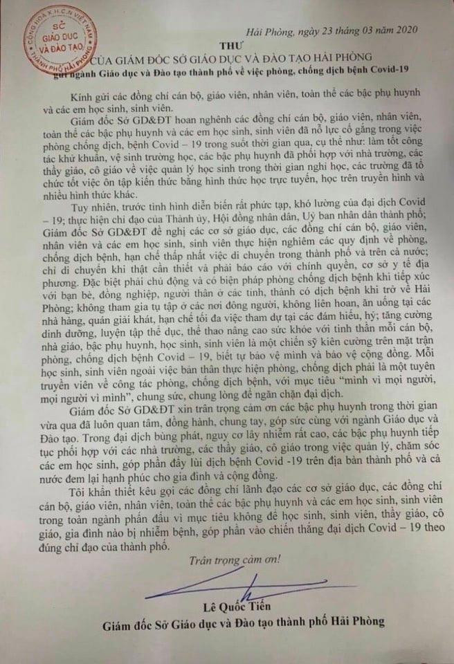 Thư kêu gọi toàn ngành đẩy lùi dịch bệnh Covid-19 (Ảnh: LT) Thư kêu gọi toàn ngành đẩy lùi dịch bệnh Covid-19 (Ảnh: LT)