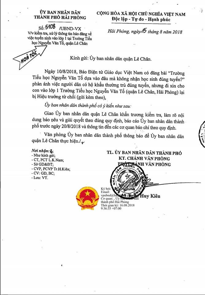 Thành phố Hải Phòng có văn bản hỏa tốc chỉ đạo kiểm tra, làm rõ vụ Trường Tiểu học Nguyễn Văn Tố không nhận học sinh đúng tuyến (Ảnh: Lã Tiến) Thành phố Hải Phòng có văn bản hỏa tốc chỉ đạo kiểm tra, làm rõ vụ Trường Tiểu học Nguyễn Văn Tố không nhận học sinh đúng tuyến (Ảnh: Lã Tiến)