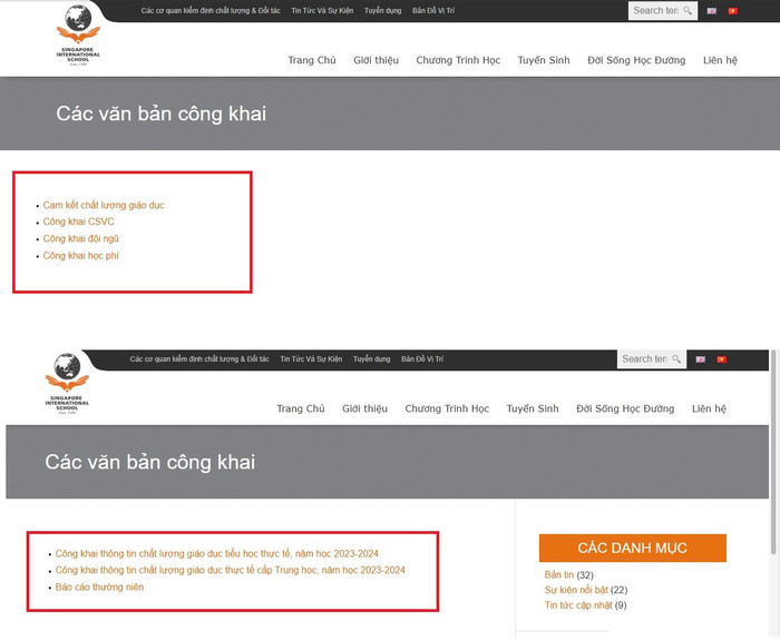 Nội dung công khai của nhà trường trước và sau khi Tạp chí phản ánh. (Ảnh chụp màn hình) singapore-qn-1.jpg