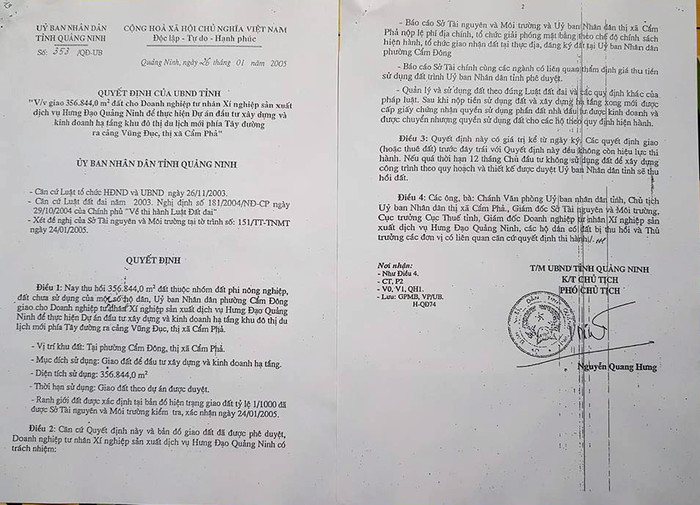 Quyết định giao đất của tỉnh Quảng Ninh nêu rõ, nếu quá thời hạn 12 tháng, chủ đầu tư không sử dụng đất sẽ bị thu hồi đất (Ảnh: Lã Tiến) Quyết định giao đất của tỉnh Quảng Ninh nêu rõ, nếu quá thời hạn 12 tháng, chủ đầu tư không sử dụng đất sẽ bị thu hồi đất (Ảnh: Lã Tiến)