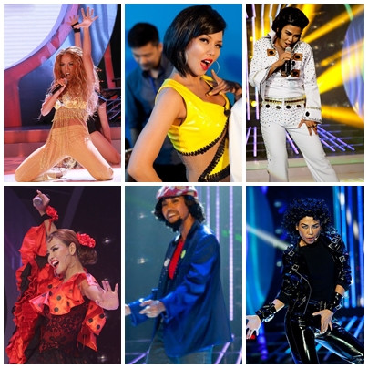 Tạo hình của Thúy Uyên: Jennifer Lopez, Thu Minh, Elvis Presley (hàng trên), Madonna, Daniel Boone, Michael Jackson (hàng giữa),Gloria Gaynor, Hồng Nhung và Hiền Thục (hàng cuối). Tạo hình của Thúy Uyên: Jennifer Lopez, Thu Minh, Elvis Presley (hàng trên), Madonna, Daniel Boone, Michael Jackson (hàng giữa),Gloria Gaynor, Hồng Nhung và Hiền Thục (hàng cuối).